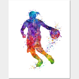 Girl Basketball Dribbling Watercolor Sport Lover Gift Posters and Art